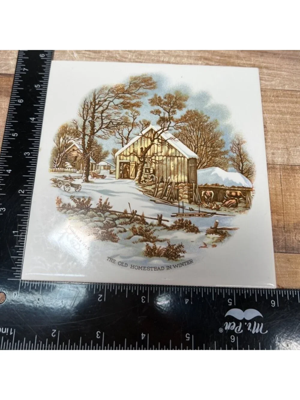VTG Currier & Ives Winter Scene Ceramic Tile Set Of 4 Decorative Art Tiles 6